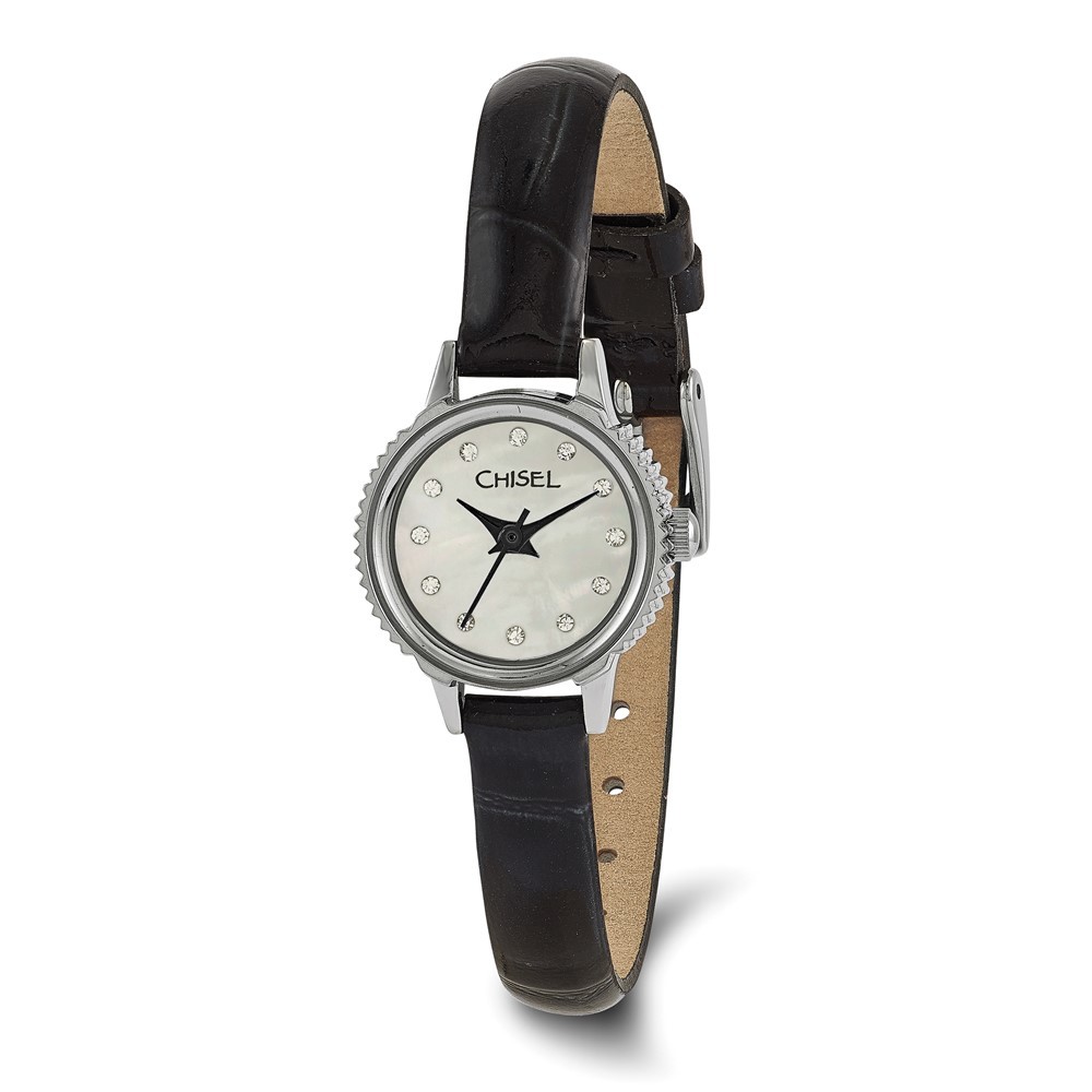Ladies Chisel Stainless Steel Black Leather Strap Wrist Watch, 7.25 inch Length